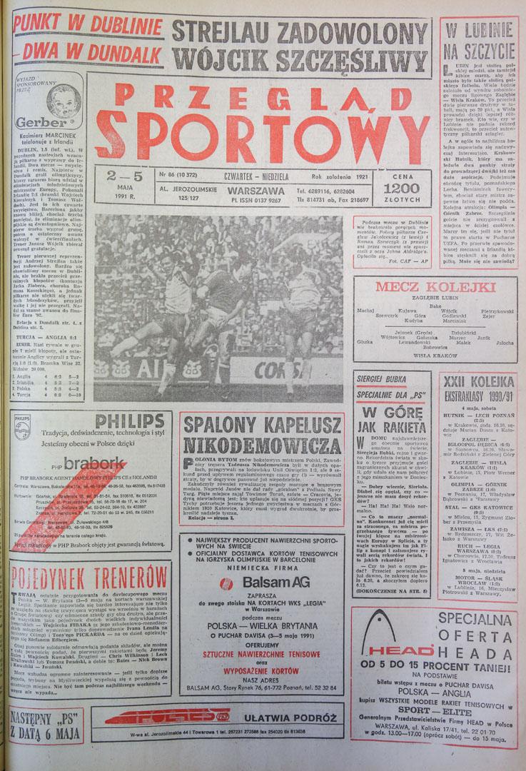 Okładka przeglądu sportowego po meczu Irlandia - Polska (01.05.1991) 