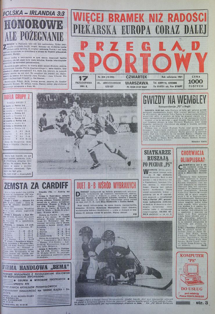 Okładka przeglądu sportowego po meczu Polska - Irlandia (16.10.1991) 