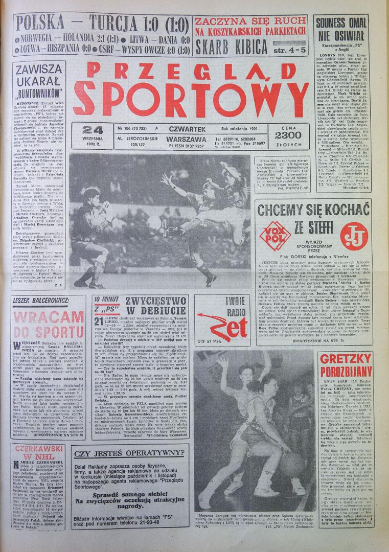Okładka przeglądu sportowego po meczu Polska - Turcja (23.09.1992) 