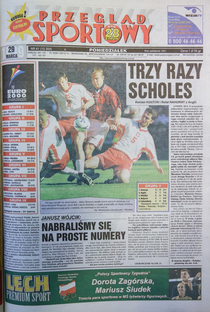 Okładka przegladu sportowego po meczu Anglia - Polska (27.03.1999) 