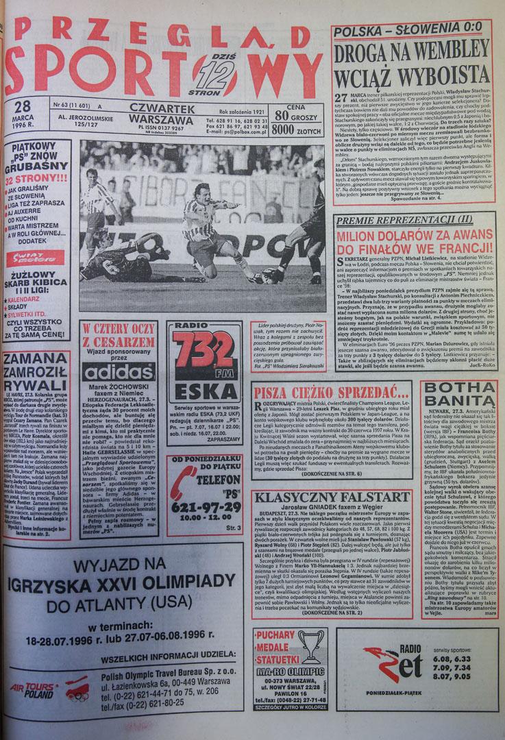 Okładka przeglądu sportowego po meczu Polska - Słowenia (27.03.1996) 