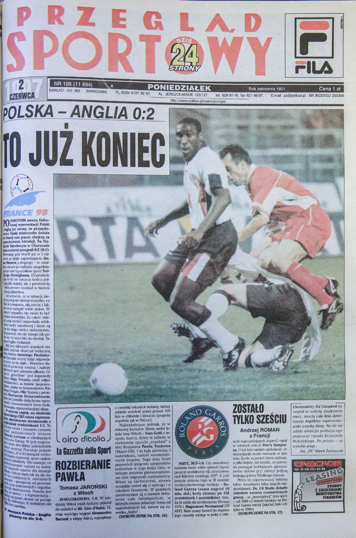 Okładka przegladu sportowego po meczu polska - anglia (31.05.1997) 