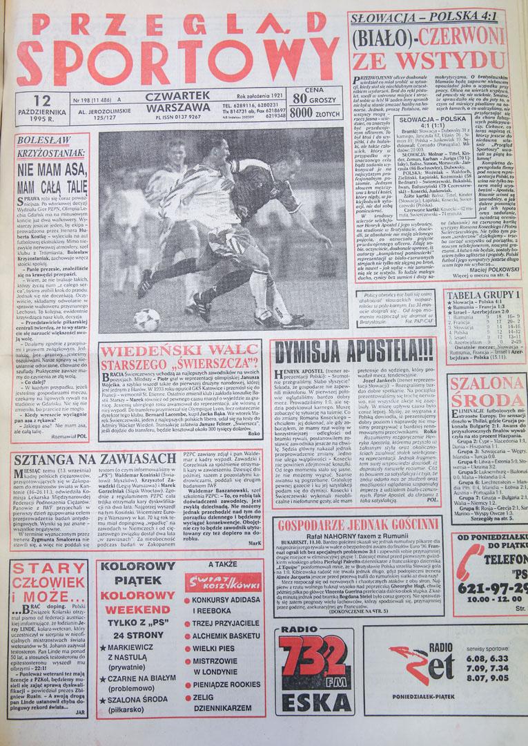 Okładka przegladu sportowego po meczu słowacja - polska (11.10.1995) 