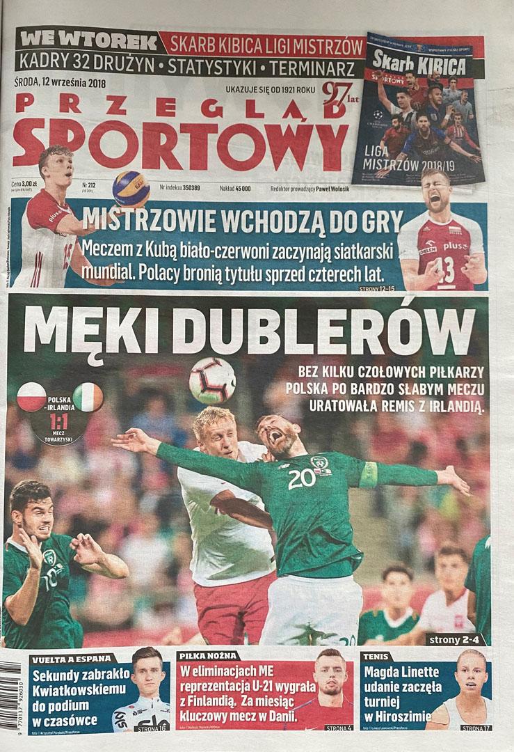 Okładka przegladu sportowego po meczu Polska - Irlandia (11.09.2018) 