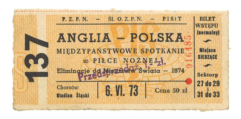 Oryginalny bilet z meczu Polska - Anglia (06.06.1973) 