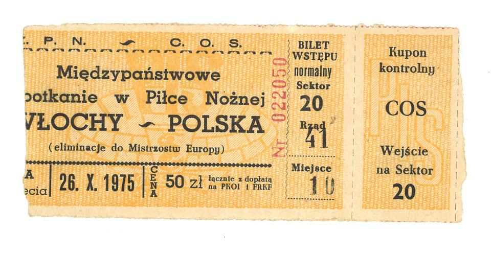Oryginalny bilet z meczu Polska - Włochy (26.10.1975) 
