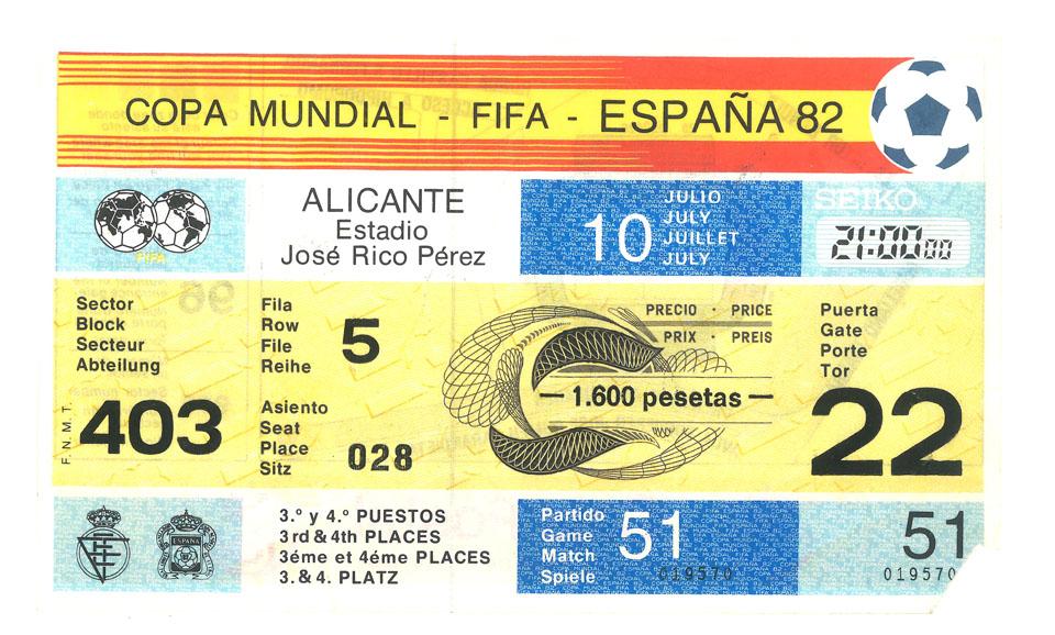Oryginalny bilet z meczu Polska - Francja (10.07.1982) 