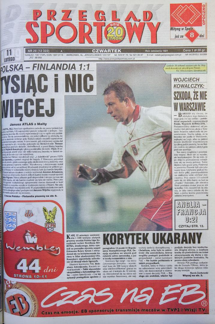 Okładka przeglądu sportowego po meczu polska - finlandia (10.02.1999)
