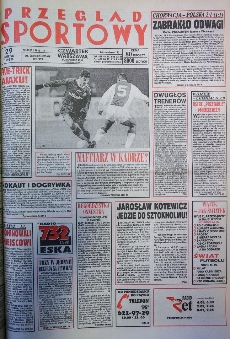 Okładka przeglądu sportowego po meczu Chorwacja - Polska (28.02.1996) 