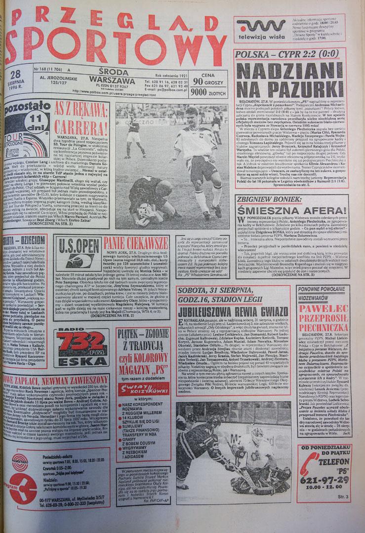 Okładka przeglądu sportowego po meczu Polska - Cypr (27.08.1996) 