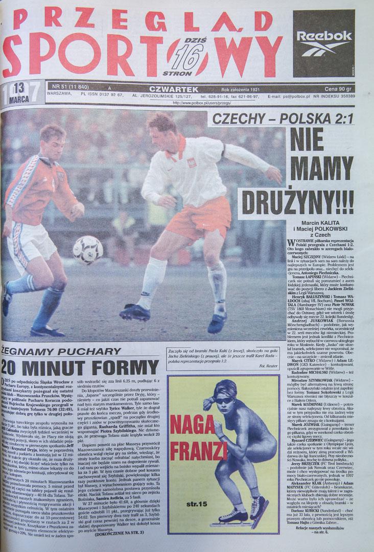 Okładka przeglądu sportowego po meczu czechy - Polska (12.03.1997)