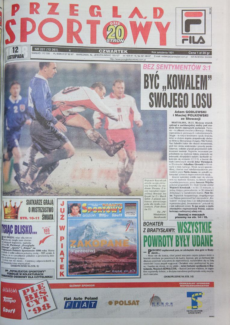 Okładka przeglądu sportowego po meczu Słowacja - Polska (10.11.1998) 