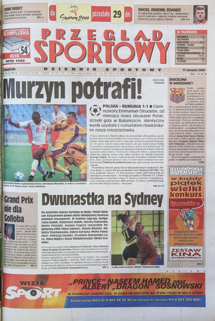 okładka przeglądu sportowego po meczu rumunia - polska (16.08.2000)