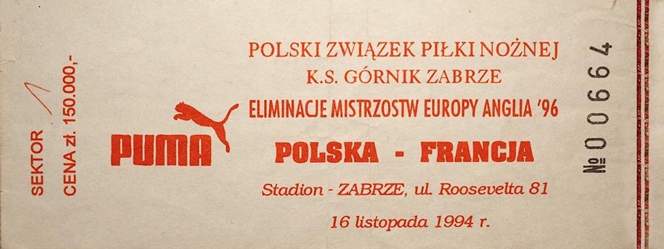Oryginalny bilet z meczu Polska - Francja (16.11.1994) 