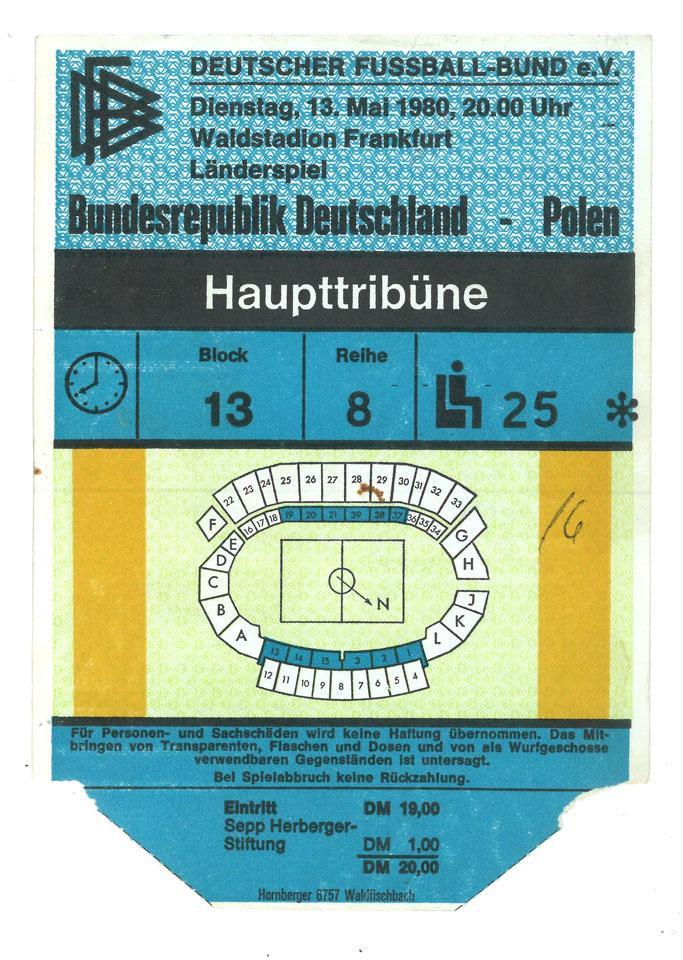 bilet z meczu RFN - Polska (13.05.1980)
