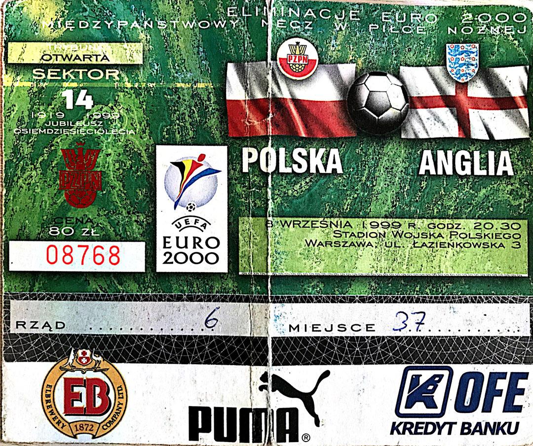 Bilet z meczu Polska - Anglia (08.09.1999)