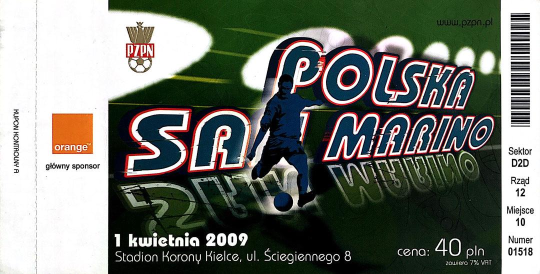 Bilet z meczu Polska - San Marino (01.04.2009) 