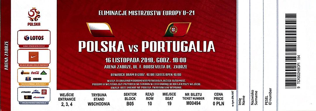 Bilet z meczu Polska - Portugalia U-21 (16.11.2018) 