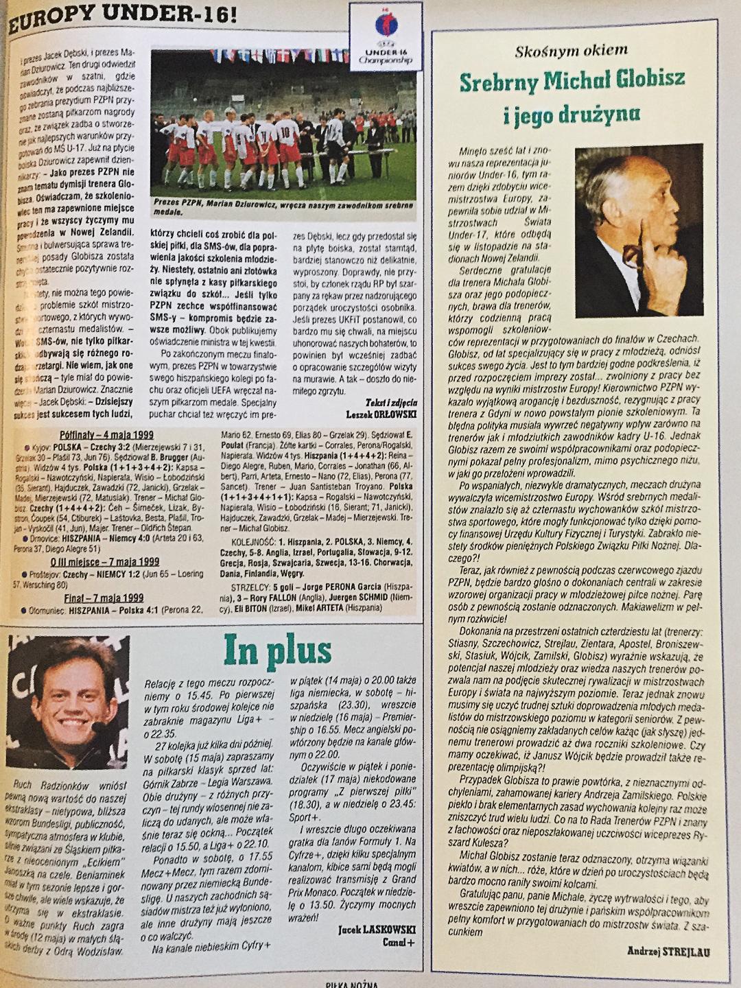 Okładka Piłki Nożnej po meczu Polska - Hiszpania 1:4 U16 (07.05.1999)