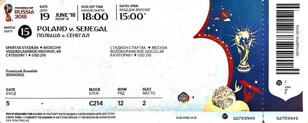 Bilet z meczu Polska - Senegal (19.06.2018)