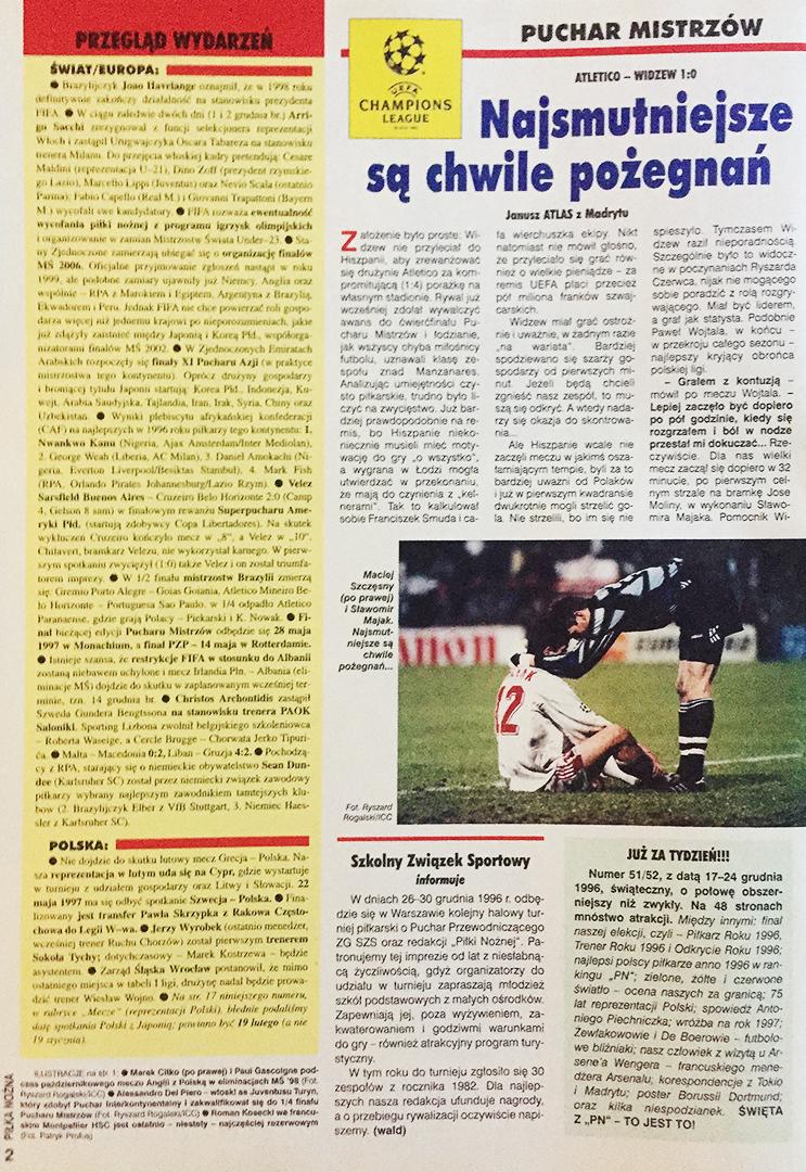 Atlético Madryt - Widzew Łódź 1:0 (04.12.1996) Tygodnik "Piłka Nożna"