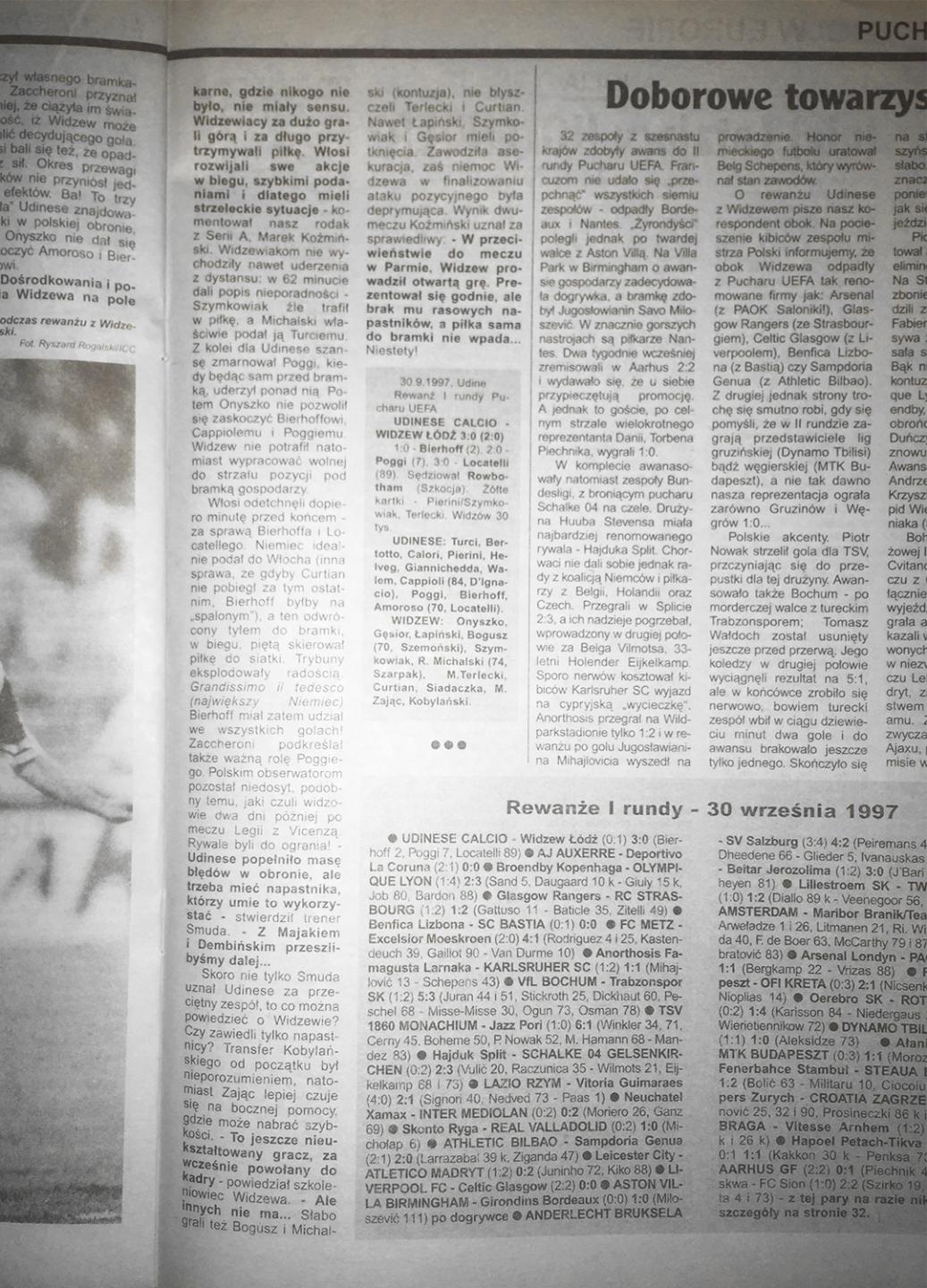 Piłka nożna po meczu udinese - widzew (30.09.1997) 