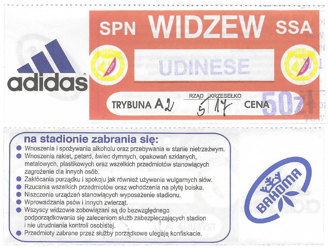 Widzew Łódź - Udinese Calcio 1:0 (16.09.1997) Bilet