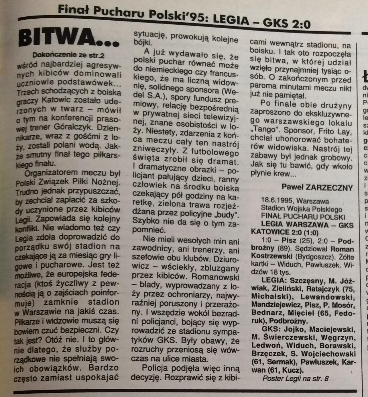 Piłka nożna po meczu Legia - Katowice 2:0 (18.06.1995)