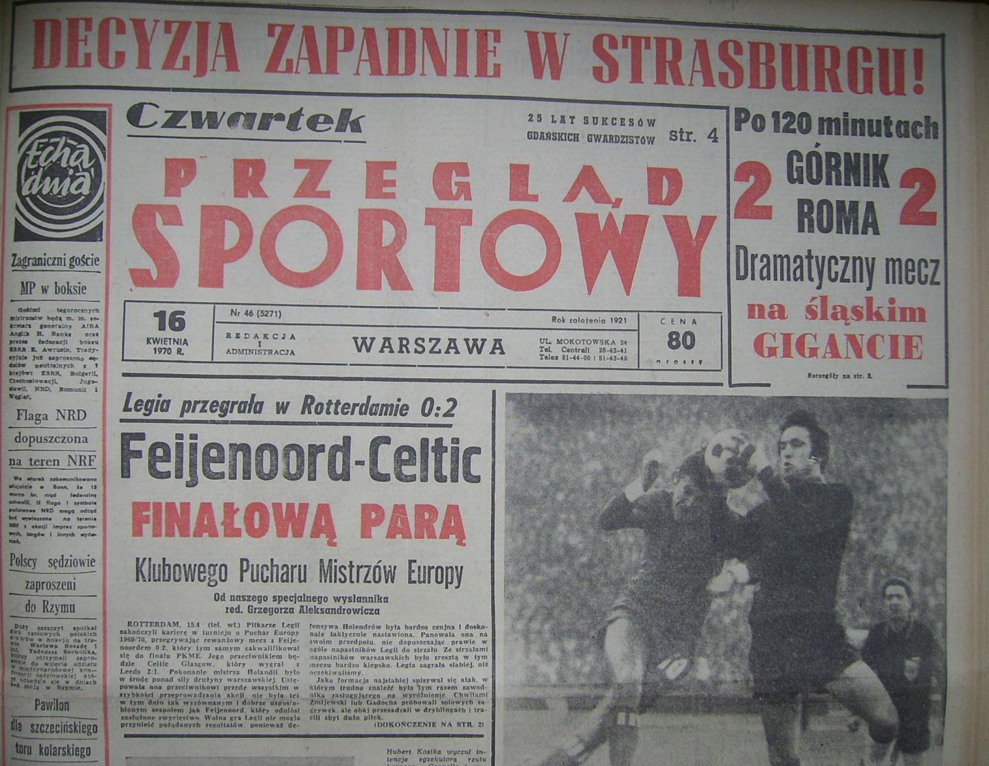 Przeglad Sportowy po meczu Górnik - Roma (15.04.1970)