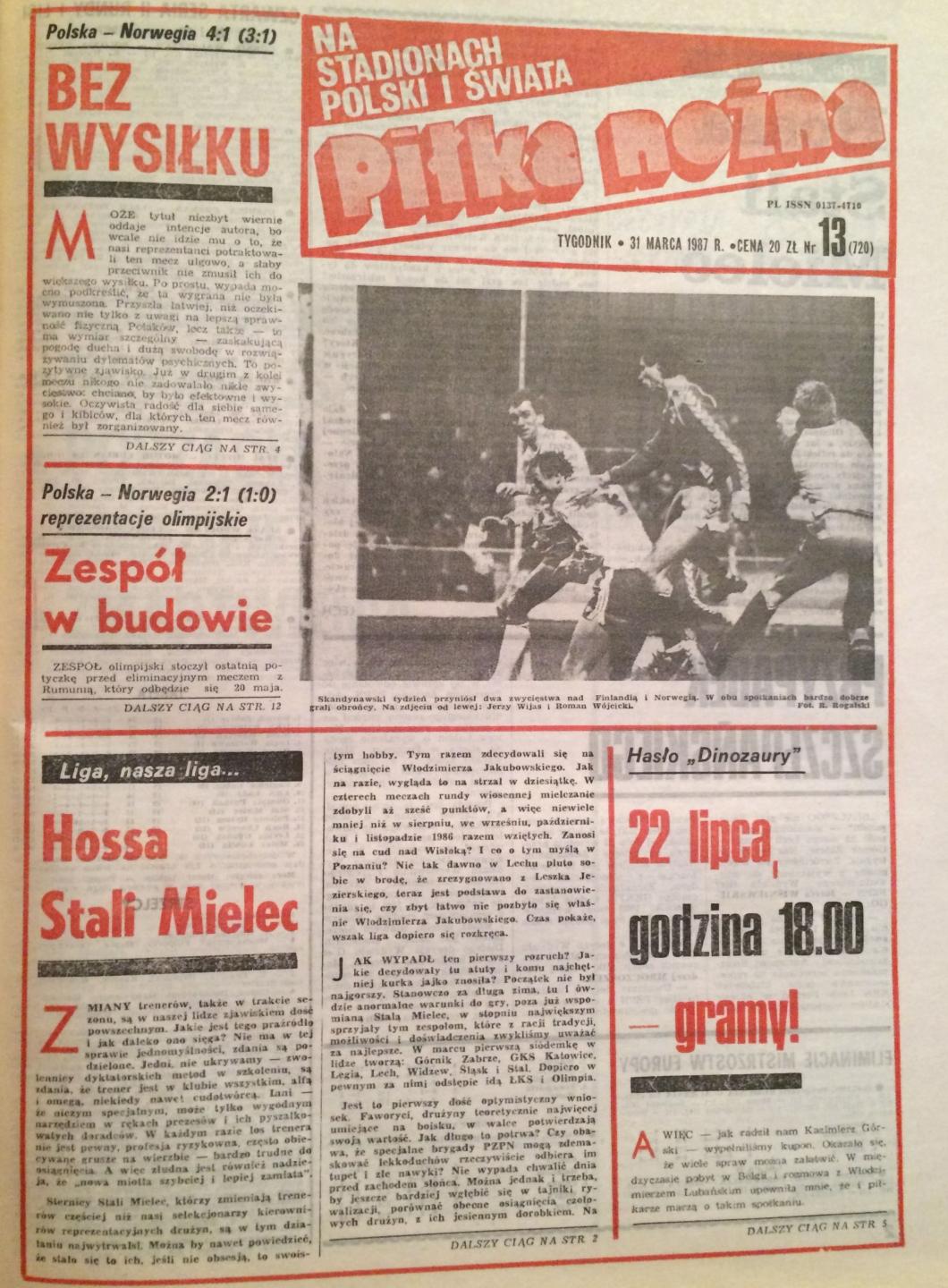 Okładka Piłki Nożnej po meczu Polska - Norwegia 4:1 (24.03.1987)