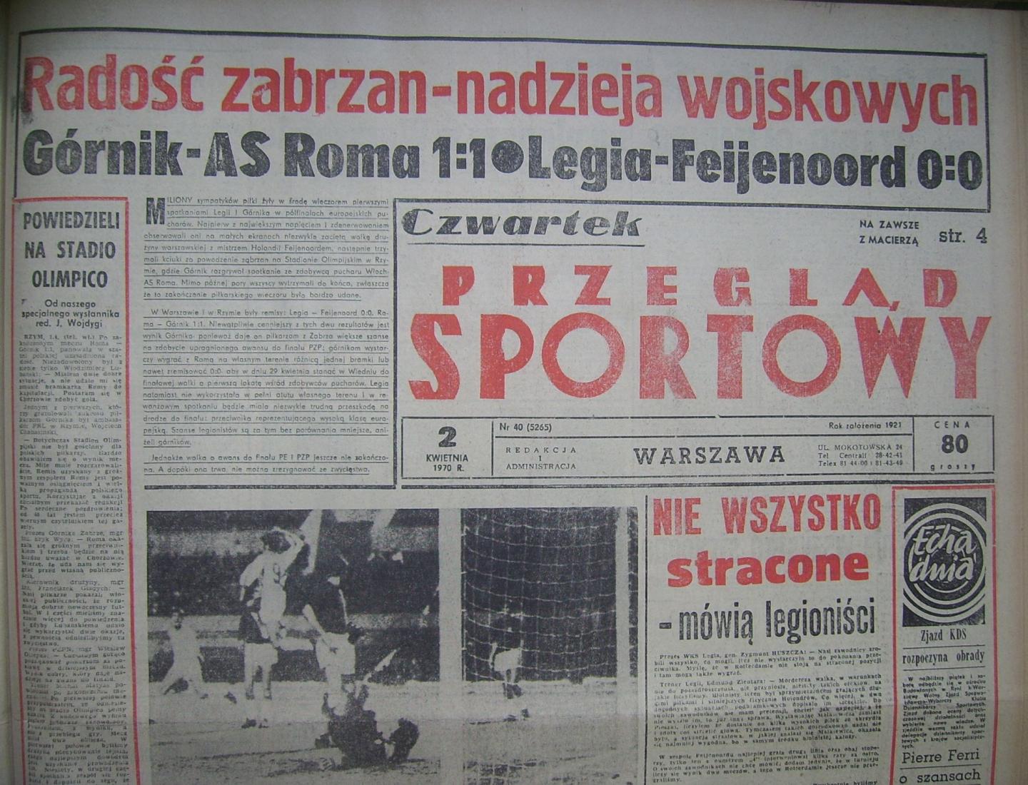 Okładka Przeglądu Sportowego po Roma - Górnik 1:1 (01.04.1970)