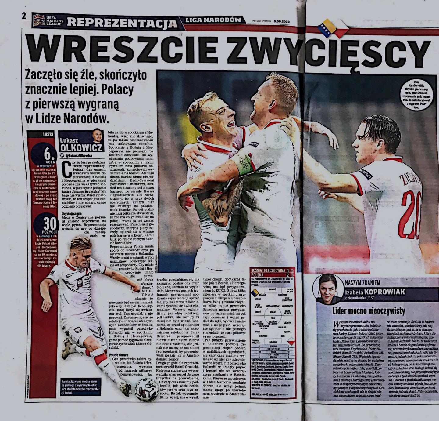 Przegląd Sportowy po meczu Bośnia i Hercegowina - Polska 1:2 (07.09.2020)