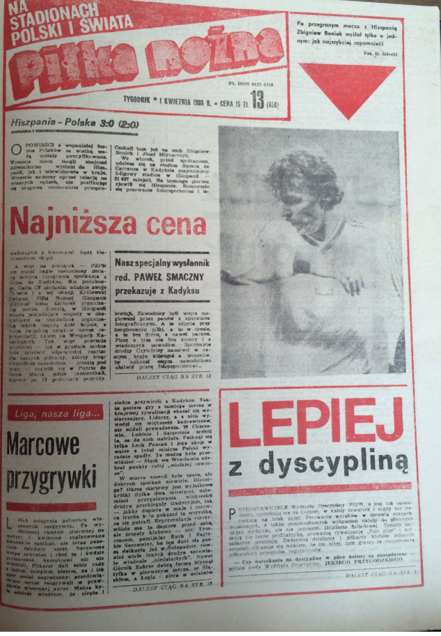 Okładka piłki nożnej po meczu hiszpania - polska (26.03.1986)
