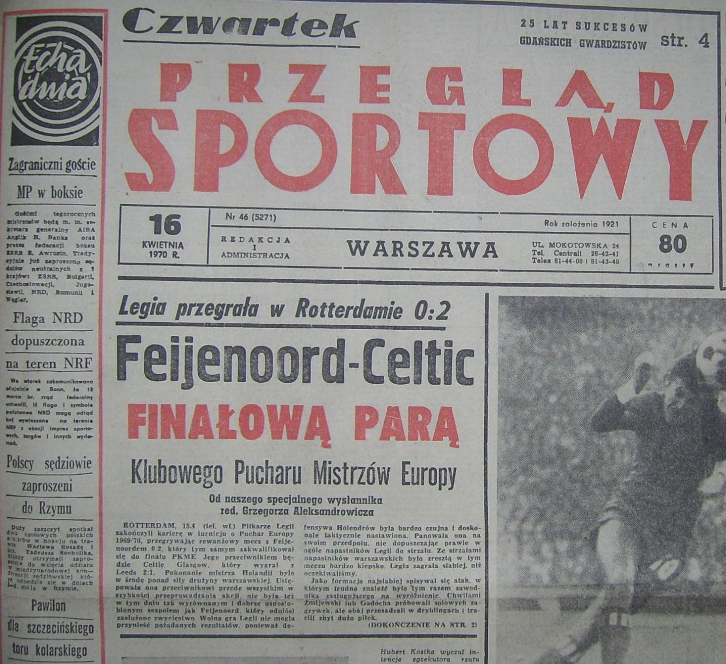 Okładka Przeglądu Sportowego po meczu Feyenoord - Legia (15.04.1970)