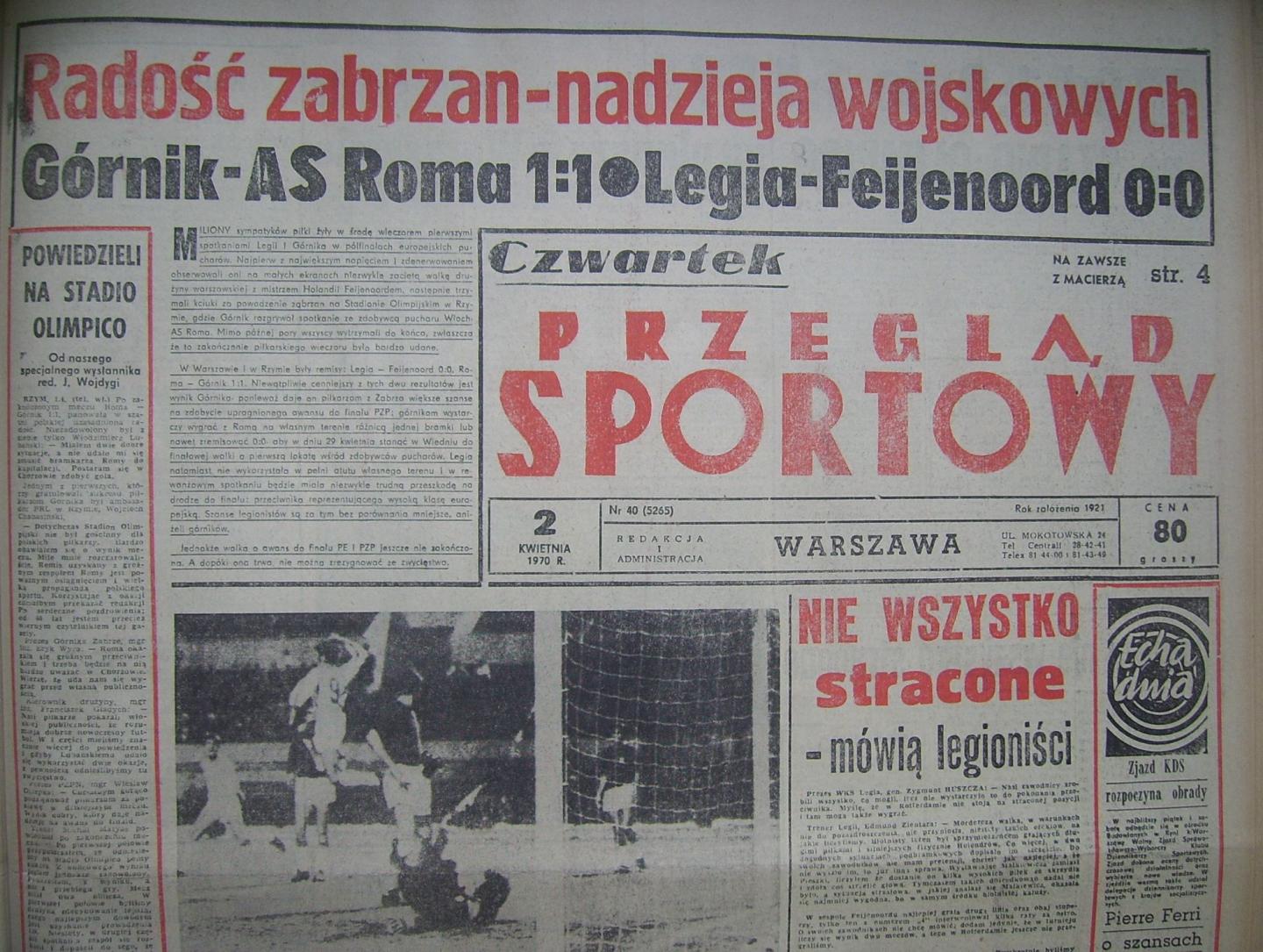 Okładka Przeglądu Sportowego po meczu Legia - Feyenoord (01.04.1970)