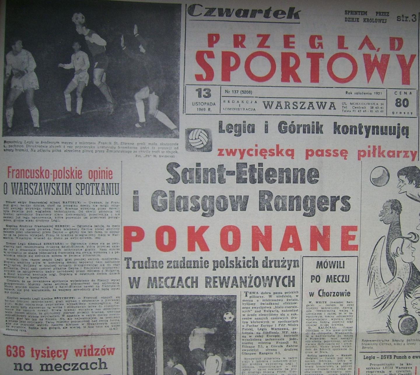 Okładka Przeglądu Sportowego po meczu Legia - St. Etienne