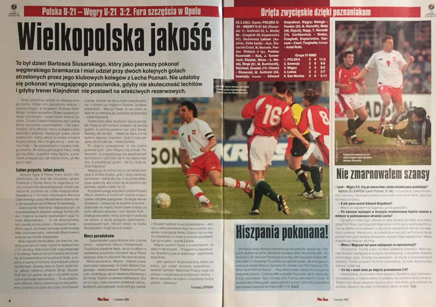 TYGODNIK „PIŁKA NOŻNA” PO MECZU eliminacji młodzieżowych mistrzostw Europy i igrzysk olimpijskich 2004 Polska - Węgry U21.