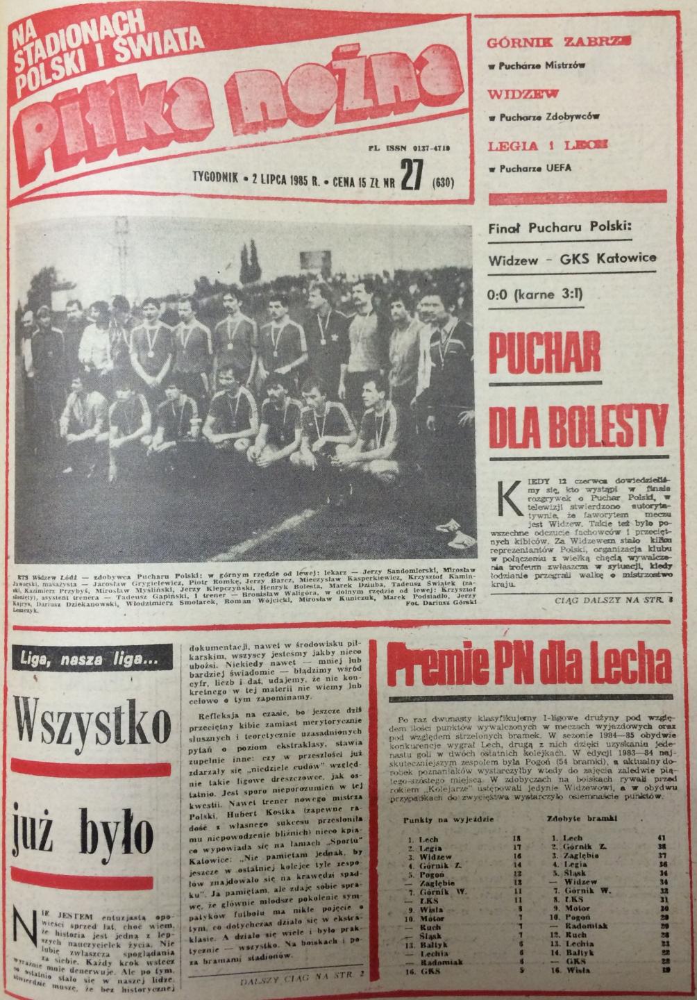 Widzew Łódź - GKS Katowice 0:0, k. 3:1 (26.06.1985) Tygodnik Piłka Nożna