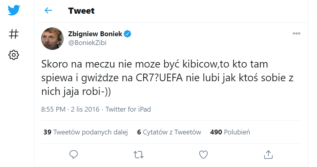Twitt Zbigniewa Bońka w trakcie Legia Warszawa - Real Madryt 3:3.