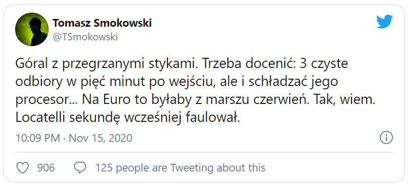 Twitt Tomasza Smokowskiego po faulu J. Góralskiego