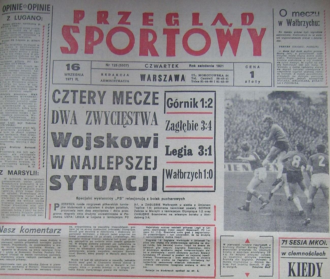 Przegląd Sportowy po Olympique - Górnik 2:1 (15.09.1971) 1