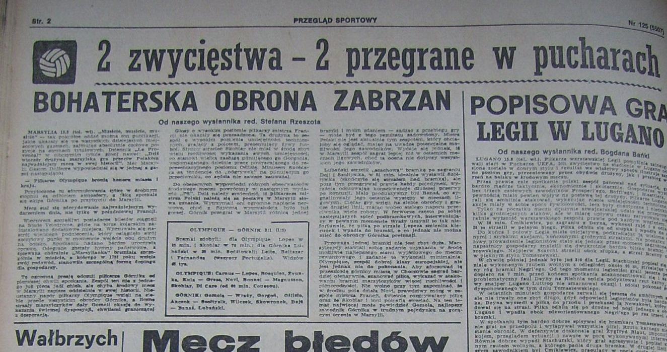Przegląd Sportowy po Olympique - Górnik 2:1 (15.09.1971) 2