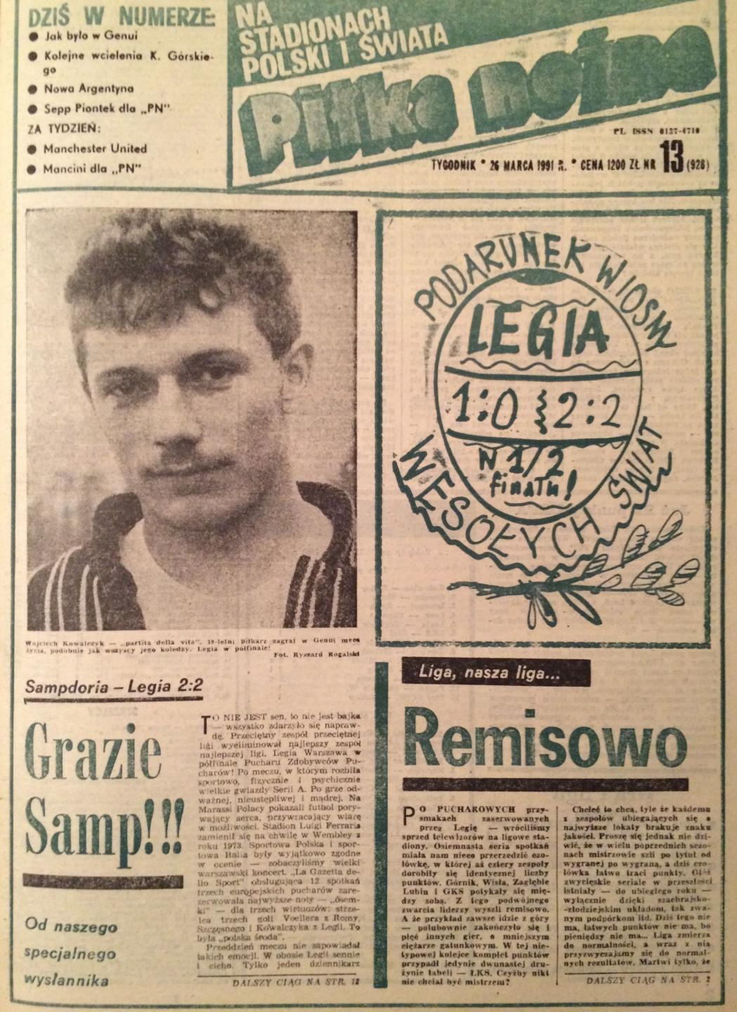 Okładka Piłki Nożnej po meczu Sampdoria - Legia 2:2 (20.03.1991).