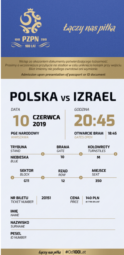 bilet na mecz polska – izrael (10.06.2019)