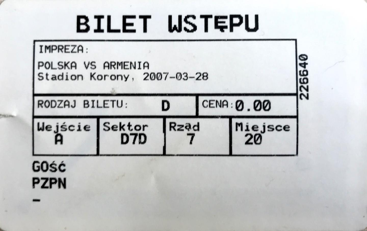 Bilet z meczu Polska – Armenia 1:0 (28.03.2007).