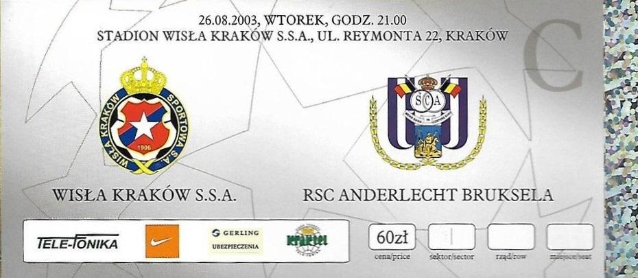 Bilet z meczu Wisła Kraków – Anderlecht 0:1 (26.08.2003).