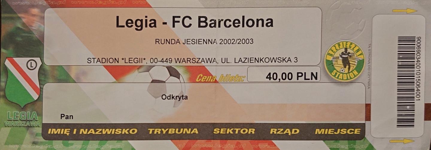Bilet z meczu Legia Warszawa – FC Barcelona 0:1 (28.08.2002).