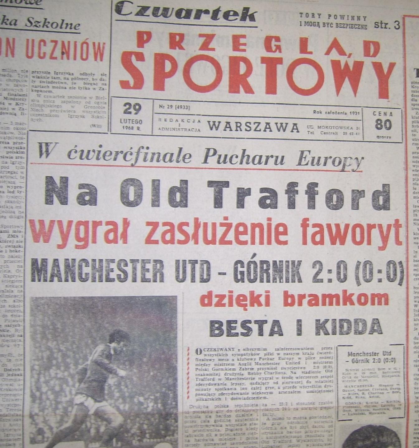 Przegląd Sportowy po Manchester United - Górnik Zabrze 2:0 (28.02.1968) 1