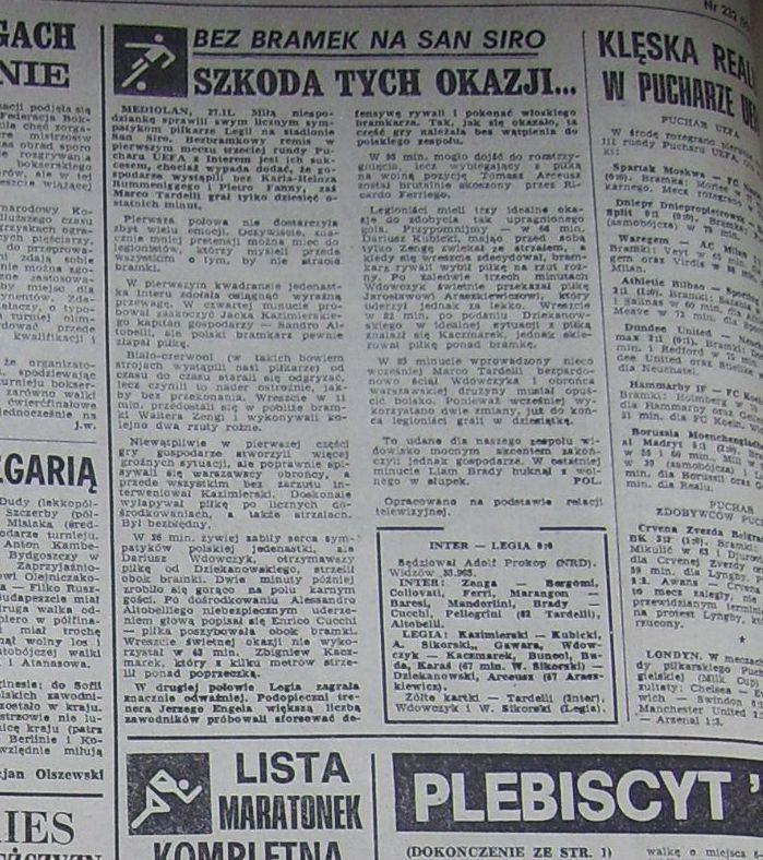 Przegląd Sportowy po meczu Inter Mediolan – Legia Warszawa 0:0 (27.11.1985).