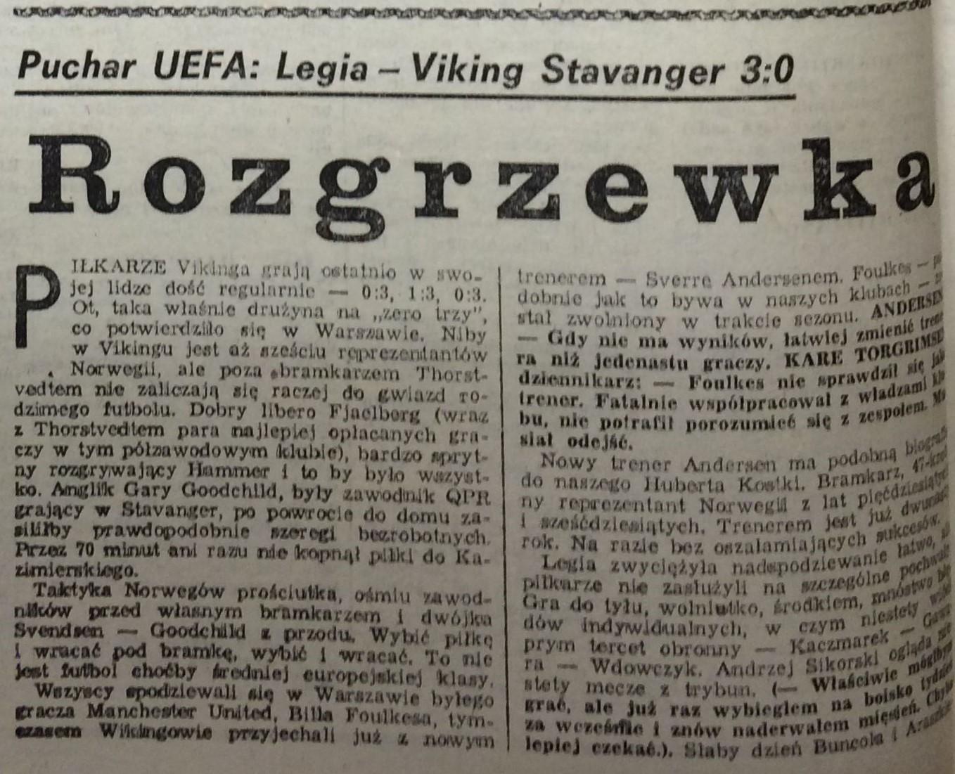 Legia Warszawa - Viking Stavanger 3:0 (18.09.1985) Piłka Nożna